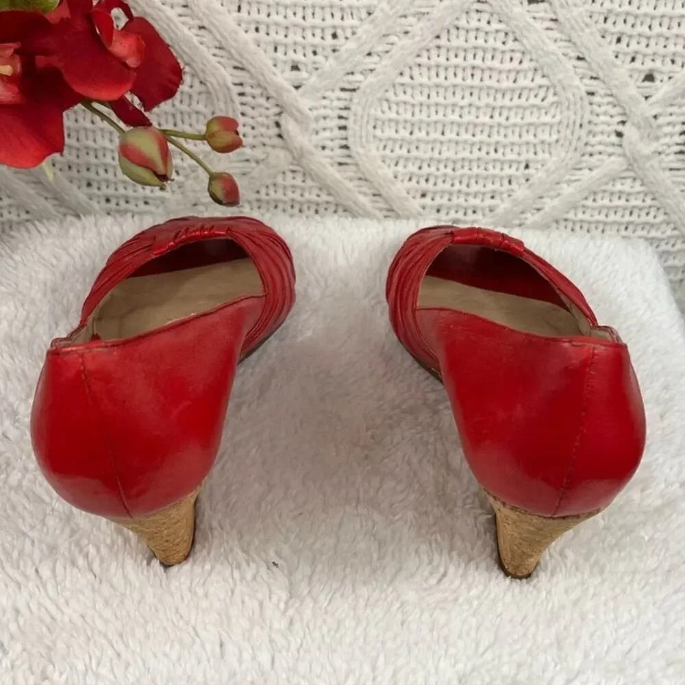 MIZ MOOZ BY‎ GAZITH Red Leather Peep Toe Cork Wedges Sandals Sz 6 Retro